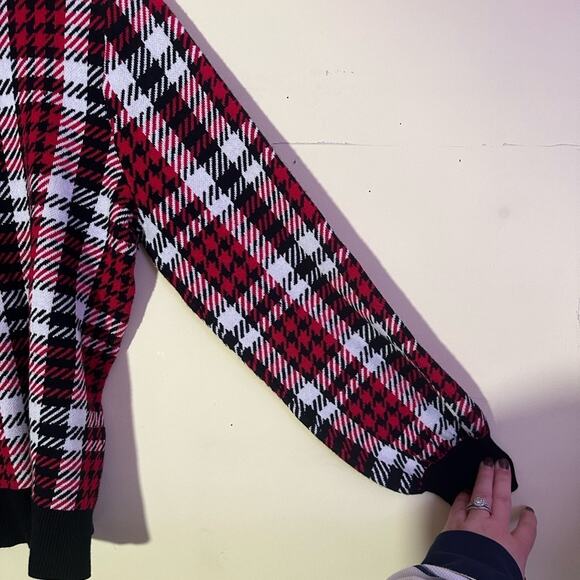 Marled Plaid Knit Sweater Black Red Women's Large L Holiday Houndstooth Checker - Picture 3 of 8